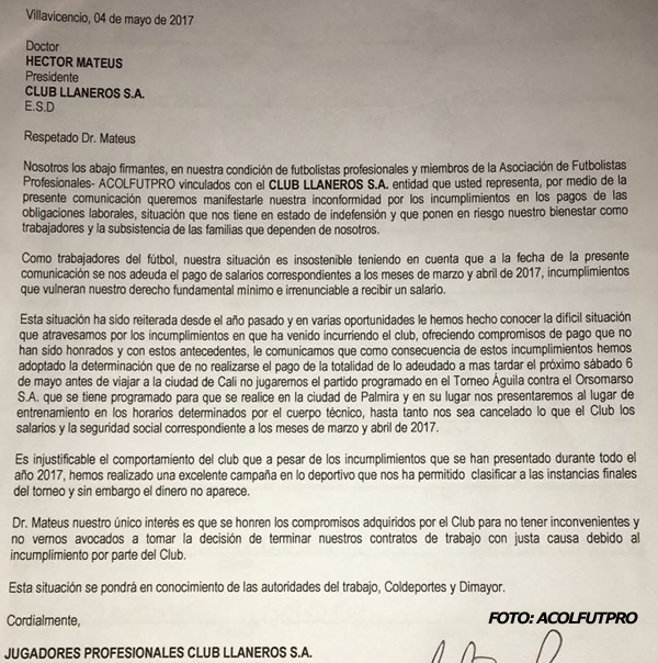 Carta de los jugadores del Club Llaneros S.A. dirigida al presidente Héctor Mateus, reclamando el pago de salarios atrasados de marzo y abril de 2017